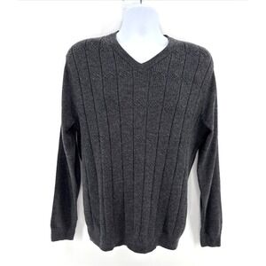 Turnbury Men's M Gray V-Neck Textured Rib Knit Merino Wool Blend Sweater